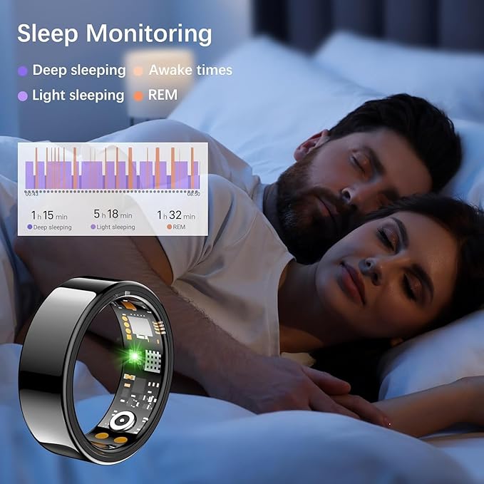 Smart Health Ring for Women Men, Fitness Tracker Ring with Heart Rate, Blood Oxygen, Sleep Tracker, Step Tracker, No Subscription Fee, IP68 Waterproof Smart Ring for iphone & Android (Black, 11#)