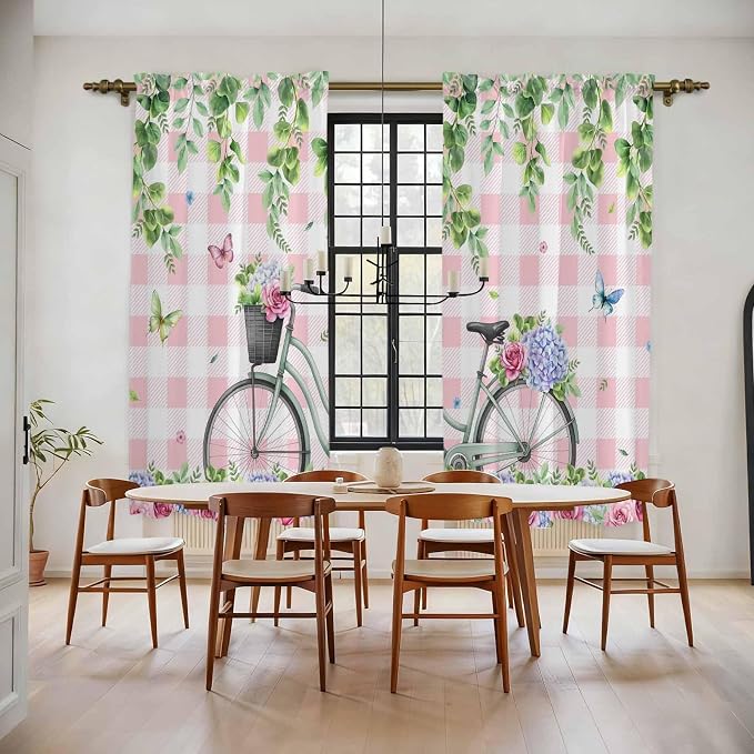 Spring Kitchen Curtains, Bicycles Leaves Butterfly Flowers Pink Buffalo Plaid - Image 2
