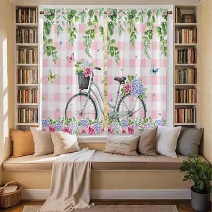 Spring Kitchen Curtains, Bicycles Leaves Butterfly Flowers Pink Buffalo Plaid - Image 3