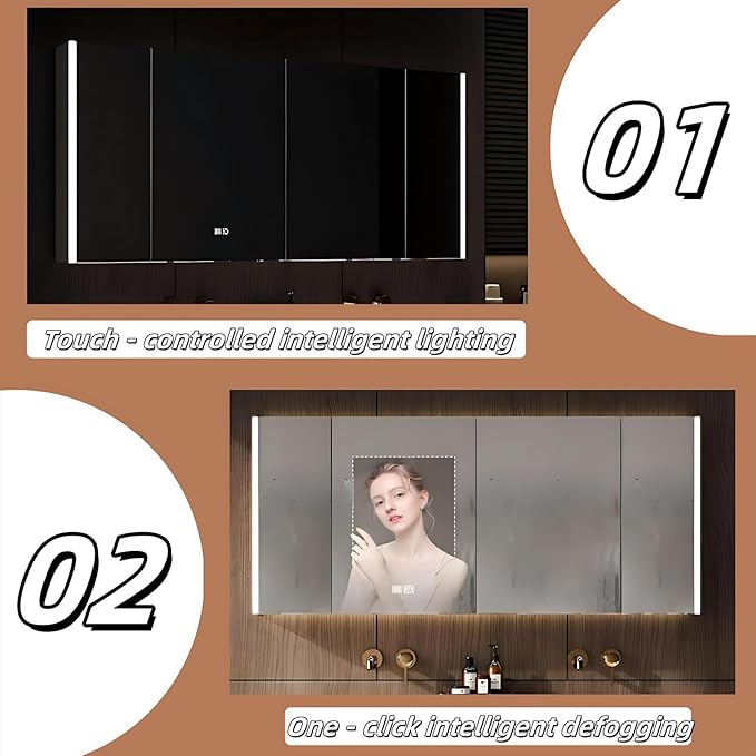 Fashionable Bathroom Vanity with Sink, Smart One-Click Defogging & LED Light, Bathroom Sink and Cabinet with Wave Striped Panel, Rockslab Countertop (Mirror Cabinet, 80IN)