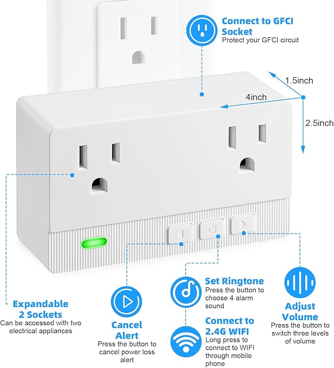 Freezer Alarm Wireless WiFi Alert 2.4GHz,Power Failure Alarm with 2 Socket, 110dB Power Loss Alert with LED Indicator,Blackout Alert for GFCI Trips,Refrigerator,Freeze,Compatible with Smart Life
