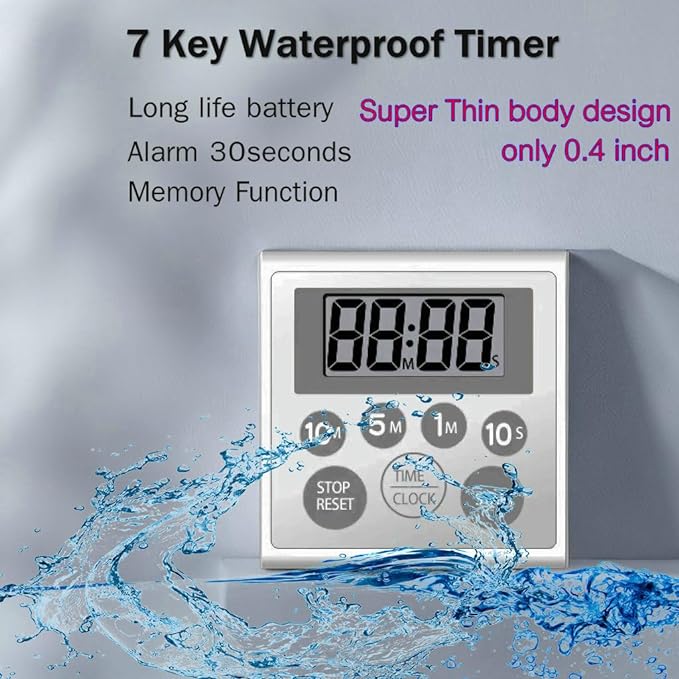 NUOSWEK Digital Timer Waterproof Shower Timer Shower Clock Bathroom Kitchen Timer with Strong Magnet and Large LCD Display (Waterproof 7 Key)