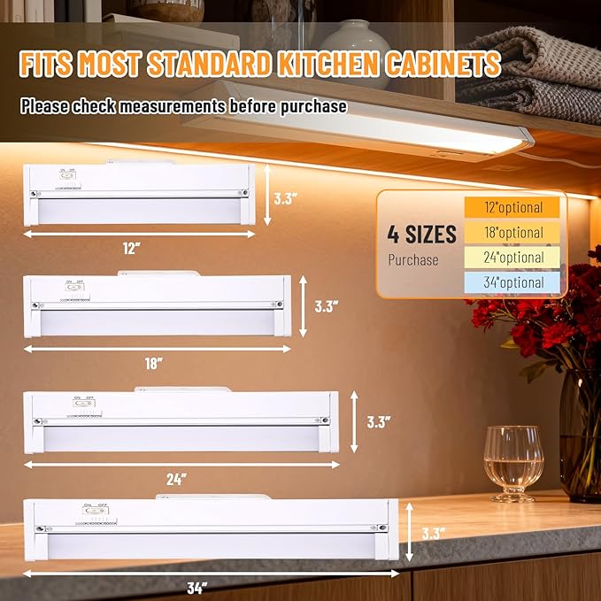 24" 4Pack Hardwired Under Cabinet LED Light Plug in, 16W 1200LM, 3CCT (3000K/4000K/5000K), Rotatable 45°, Connect Up to 10 Fixtures, Under Counter Lights Linkable for Kitchens and Offices