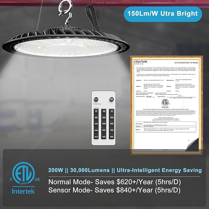 Lightdot Smart 200W LED High Bay Light for Warehouse 5000K 30000LM UFO LED Lights with Control(Supports Normal Mode & Motion Mode), ETL Listed AC100-277V 6Yrs Warranty -6Pack