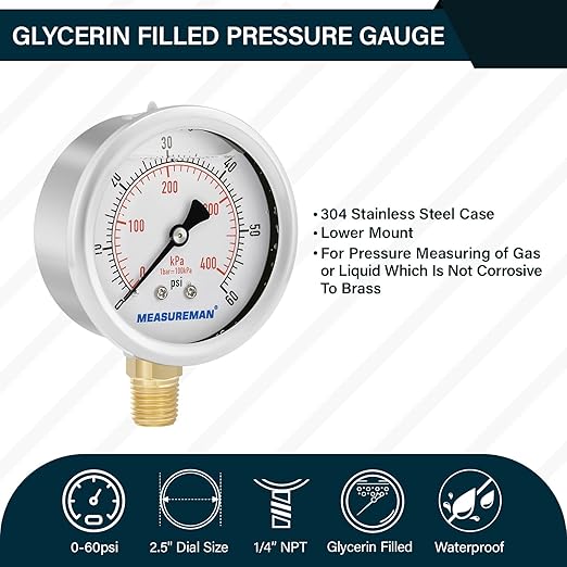 MEASUREMAN 2-1/2inch Dial Size, Liquid Filled Pressure Gauge, 0-60psi/kpa - Image 2