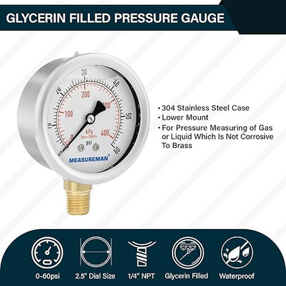 MEASUREMAN 2-1/2inch Dial Size, Liquid Filled Pressure Gauge, 0-60psi/kpa - Image 2