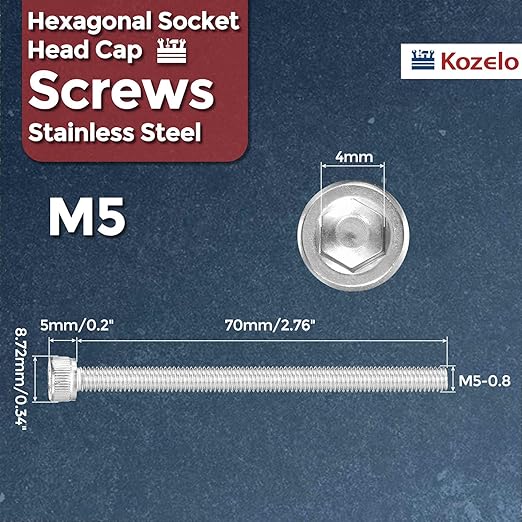 Kozelo 25pcs Socket Head Cap Screws - [M5-0.8 x 70mm] 304 Stainless Steel Allen Socket Drive for Electrical Motor 3D Printing Fan Engine Replacement Use, Silver