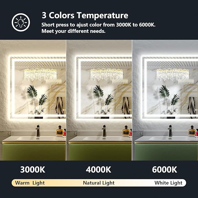 YEELAIT 72x40 Inch LED Bathroom Mirror with Lights Front and Backlit Lighted Vanity Mirror for Bathroom Wall with 3 Colors Dimmable Anti-Fog Memory Shatter-Proof IP54 Waterproof Horizontal/Vertical