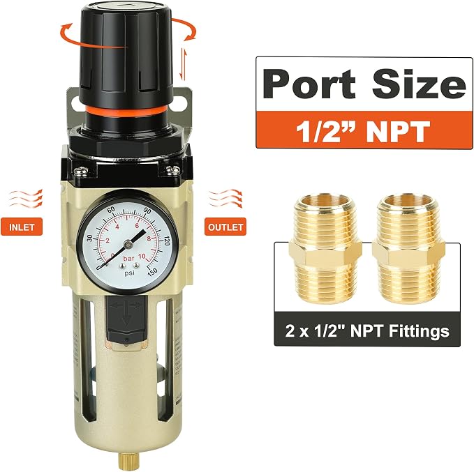 Hromee 1/2 Inch Compressed Filter Regulator Combo, Air Compressor Water Oil - Image 6