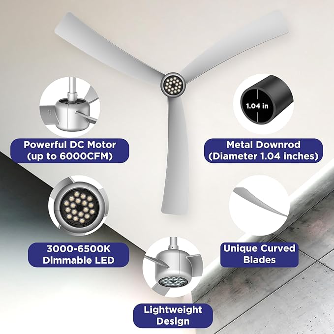 ocioc Ceiling Fans with Lights,52 Inch Low Profile Ceiling Fan with Remote,Quiet Reversible DC Motor,Dimmable LED,6 Speeds,Modern Ceiling Fan for Bedroom,Living Room(Silver)