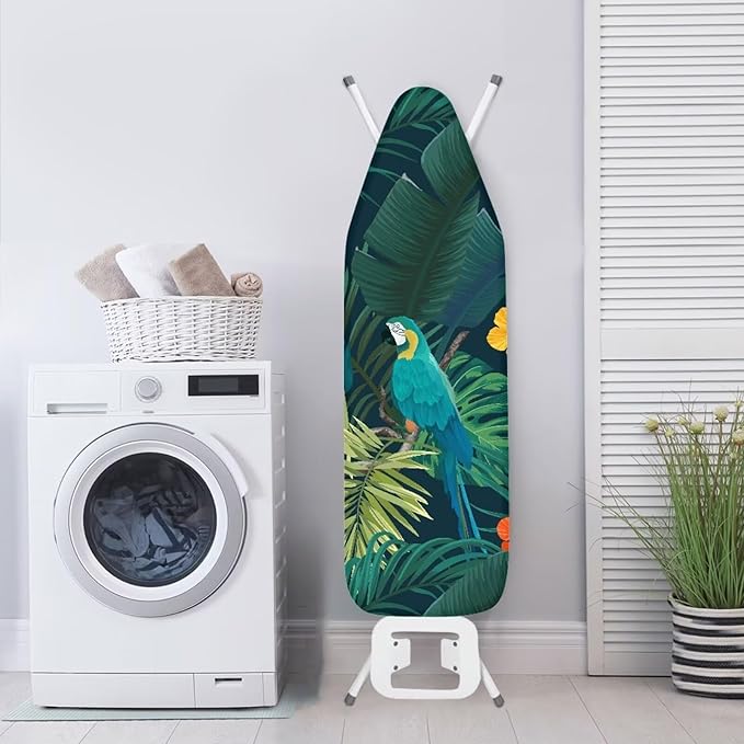 ZCFYGDX Ironing Board Cover Easy Install with Elastic Edge 3 Bottom Nylon Buckle Straps Breathable Ironing Decor Suitable for Wide Ironing Board House Decor Parrot Palm Leaf Print Size-S