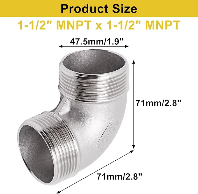 90 Degree Elbow 1PCS, 1-1/2" NPT Male X 1-1/2" NPT Male 304 Stainless Steel - Image 2