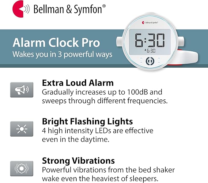 Bellman & Symfon Vibrating Alarm Clock Pro with Bed Shaker - Loud Alarm, Flashing LED Night Lights for Heavy Sleepers, Hard of Hearing and Deaf People - Alarm Clocks for Bedrooms with Backup Batteries