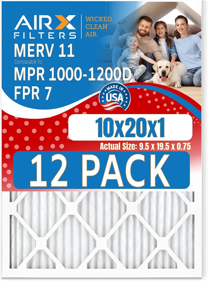 10x20x1 Air Filter MERV 11 Rating, 12 Pack of Furnace Filters Comparable to MPR by AIRXFILTERSWICKEDCLEANAIR