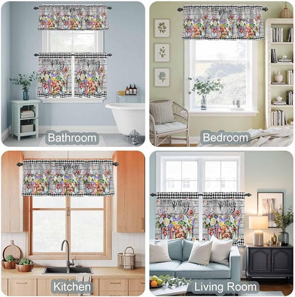 Spring Flowers Kitchen Curtain Set, Farmhouse Black Plaid Wood Grain Window - Image 7