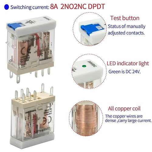 24 Volt Relay with Test Button Miniature 8Amp DPDT with Led Indicator Light and Socket Base (8 Pin- 8A, DC 24V)