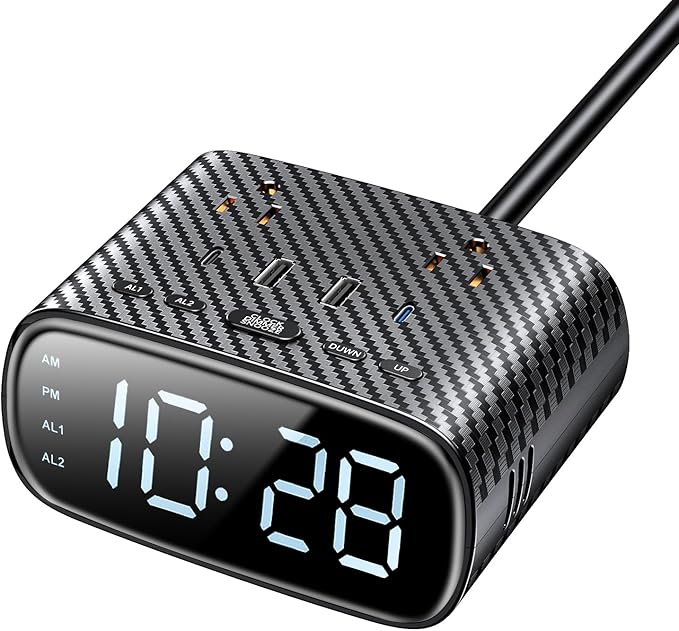 Sussex Alarm Clock with 2 USB-C, 2 USB-A Chargers Power Strip 2 Outlets - Screen LED Dimmable Digital Clock with Snooze Function - Dual Alarm for Bedside Nightstand