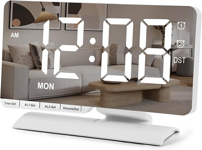 SZELAM Digital Clock,Alarm Clock Bedside,7.3'' Large LED Mirror with Date Display,Dual Alarm with 3 Mode,Brightnee Adjust,DST,Snooze Function,USB C Charging Port,5 Levels Volume for Desk Bedroom Teens