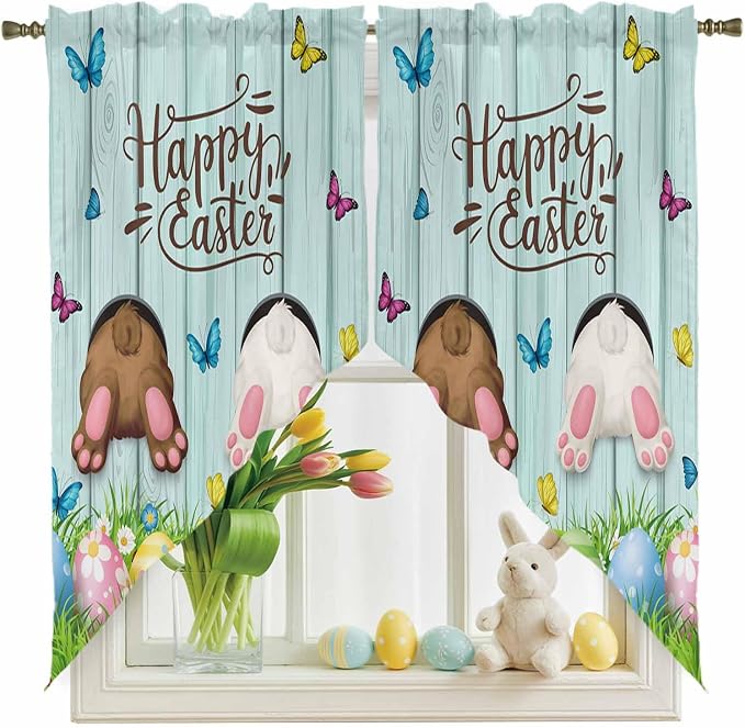 Swag Curtain Valances for Kitchen Windows, Happy Easter Bunny Butt Egg Floral - Image 3