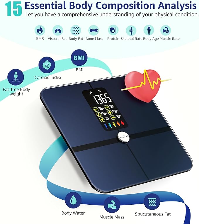 Body Fat Scale, Posture Extra Large Display Digital Bathroom Wireless Weight Scale Composition Analyzer with Heart Rate Heart Index & Body Shape Index with Free APP 400Lb Black