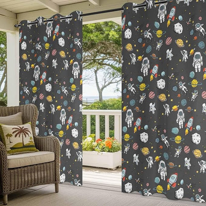Cartoon Space Outdoor Curtains for Patio Rockets Planets Astronauts Gray - Image 5