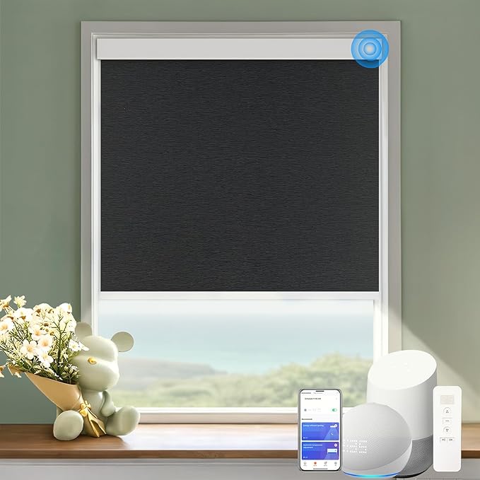 COOLWINDS Motorized Blinds with Remote Cordless Automatic Motorized Shades Custom Blinds for Indoor Windows Smart Curtains with Alexa Google Home(Blackout Jacquard Black,W65 x H72in)