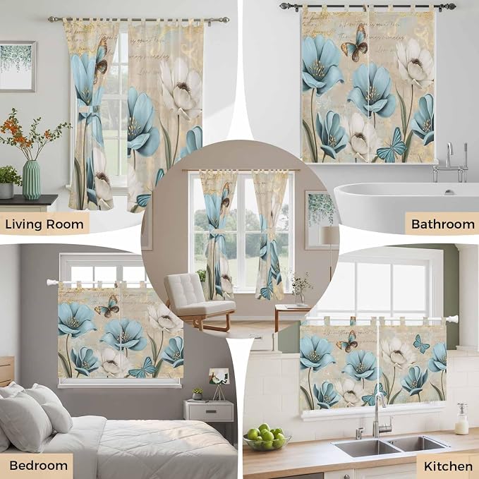 Spring Flowers Kitchen Curtains 45 Inch Length, Short Cafe Window Curtains Tab - Image 7