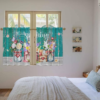 Spring Flowers Tier Curtains, Farmhouse Watercolor Teal Wood Grain Light - Image 4