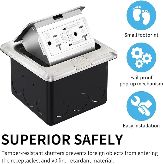 Vagueior Pop-Up Floor Box Kit, 20A Tamper-Weather Resistant Receptacle GFCI Outlet, Corrosive Resistant Hardware, ETL certified Stainless Steel Color