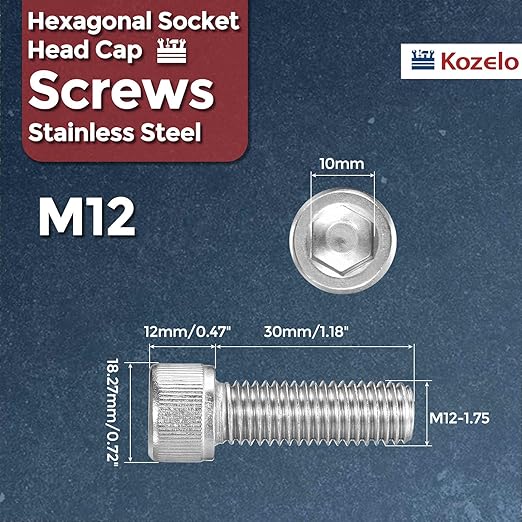 Kozelo 8pcs Socket Head Cap Screws - [M12-1.75 x 30mm] 304 Stainless Steel Allen Socket Drive for Electrical Motor 3D Printing Fan Engine Replacement Use, Silver