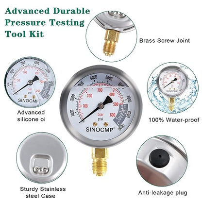 SINOCMP Hydraulic Pressure Test Kit, 3 Pressure Gauges 25Mpa/40Mpa/60Mpa 6 Test - Image 6