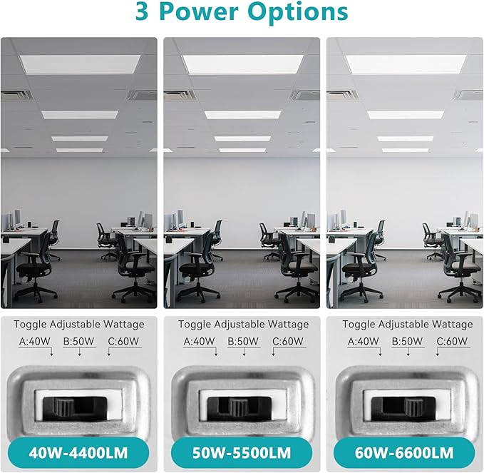 VocgoUU 2x4 LED Flat Panel Light for Drop Ceiling, 6600LM, 0-10V Dimmable, 40W/50W/60W Selectable, 4CCT 3000K/4000K/5000K/6000K, ETL Listed, 100-277V, 4 Pack
