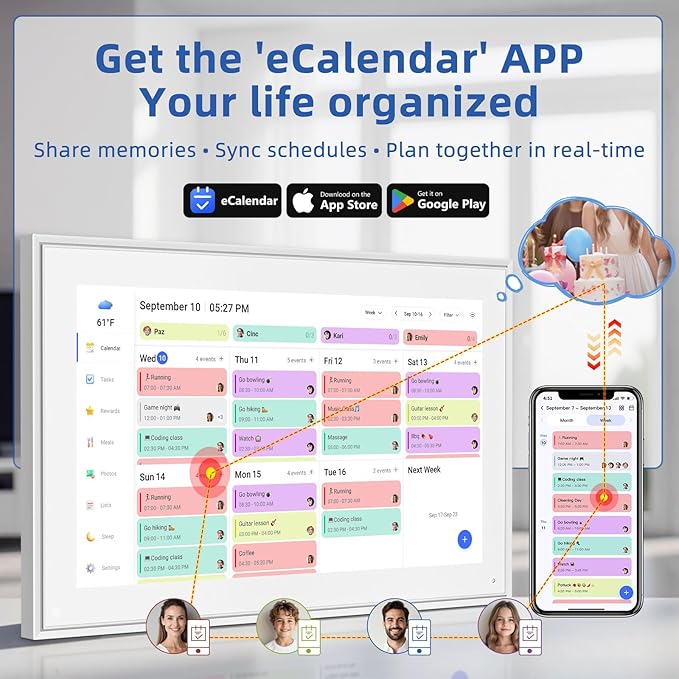 21.5 Inch Digital Calendar, Electronic Chore Chart, Smart Weekly and Monthly Planner 1920 * 1080P IPS Touchscreen Wall and Desk Calendar for Family Schedules, White