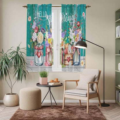 Spring Flowers Kitchen Curtains, Farmhouse Watercolor Teal Wood Grain Light - Image 7