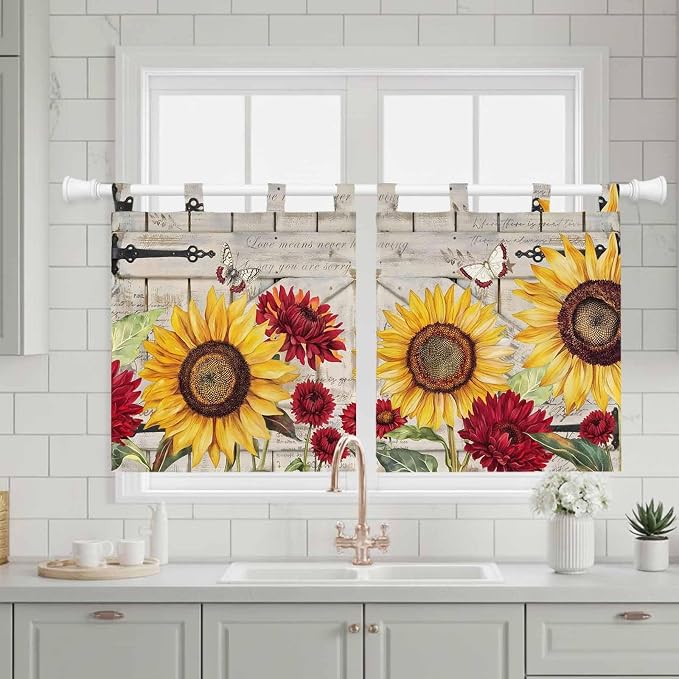 Red Yellow Sunflowers Kitchen Curtains 24 Inch Length, Small Window Curtains - Image 3