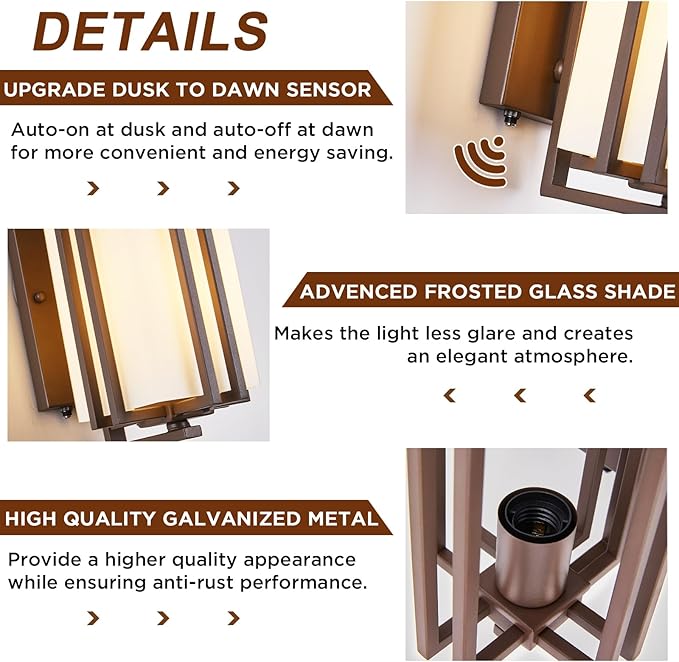15.35"H Matte Brown Outdoor Wall Light Large Outdoor Wall Lantern Oil Rubbed Bronze Exterior Light Fixture Waterproof Metal with Frosted Glass Sconce Light for Porch Garage Front Door, Brown (Large)