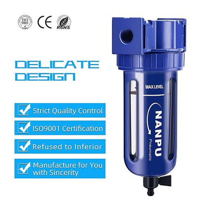 NANPU 1/2" NPT Compressed Air Filter, Zinc Alloy, 5 Micron Brass Element - Image 7