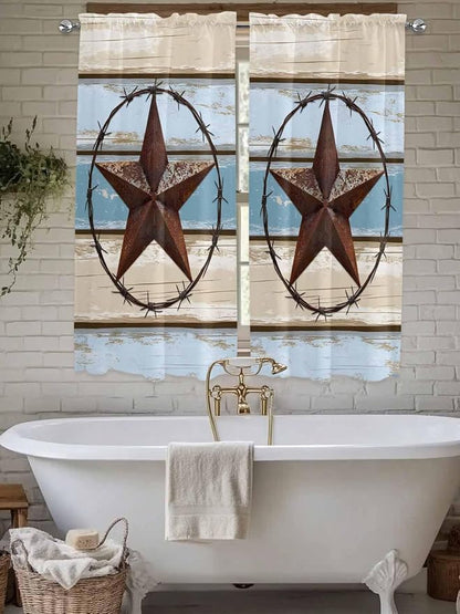 Vintage Western Star on Wood Grain Window Valance Curtains, Retro Wooden - Image 5