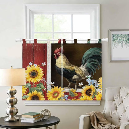 Chicken Sunflowers Kitchen Curtains 45 Inch Length, Short Cafe Window Curtains - Image 2