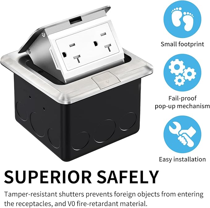 Vagueior Recessed Floor Electrical Outlet Kit,Waterproof Electrical Outlet Covcer Box,Hidden 20A Tamper-Resistant Receptacle Outlet with Slow Elastic Damping，ETL Certified,Stainless Steel (1 Pack)