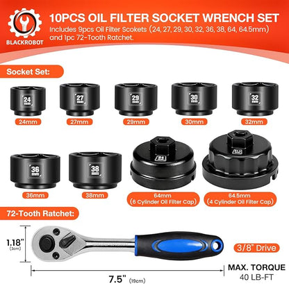 BLACKROBOT 10-Piece 3/8” Drive Oil Filter Socket Wrench Set, Metric Low Profile - Image 2