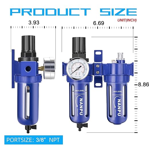 NANPU 3/8" NPT Compressed Air Filter Regulator Lubricator, Zinc Alloy, 5 Micron - Image 2