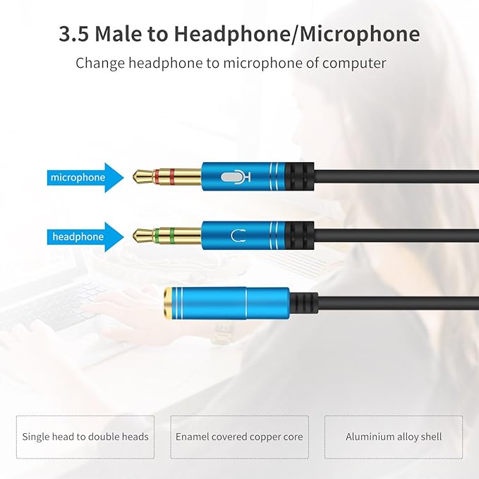 Headphone Y Cable Splitter Adapter for Computer 3.5mm Female to 2 Dual 3.5mm Male Gold-Plated Corrosion-Resistant Audio Mic Y Cable for Headset Connecting to PC，Audio Connector for PC (35CM, Silver)