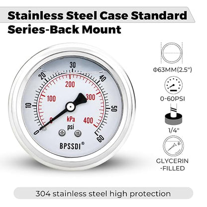 0-60 Psi Glycerin Liquid Filled Low Pressure Gauge, 2.5" Dial Size, 1/4" G Back - Image 2