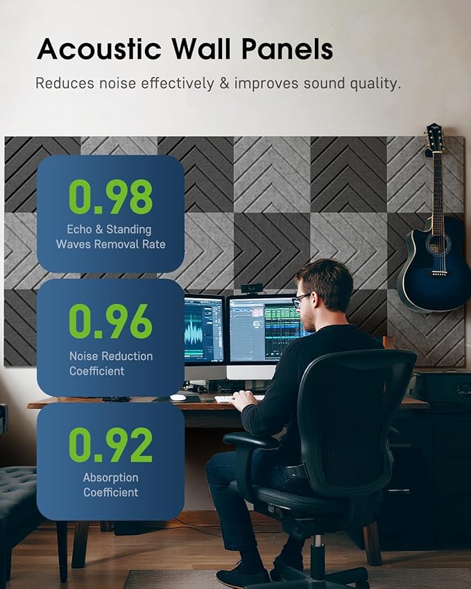 Woovio Sound Proof Foam Panels for Walls, 18 Pack Self-Adhesive Acoustic Panels, 12" X 12" X 0.4" Soundproof Wall Panels for Door, Ceiling, Home Office Black