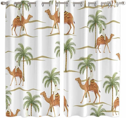 2 Panel Kitchen Cafe Curtains, Desert Camels Sunlight Filtering Nature Air by Hokiten
