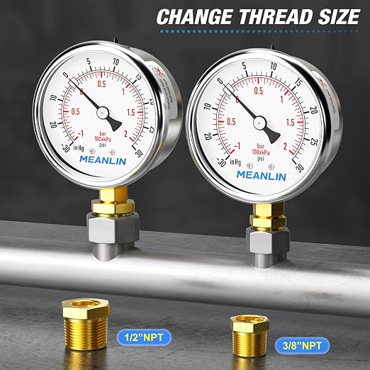 MEANLIN MEASURE -30inHG~30Psi Vacuum Gauge Stainless Steel 1/4" NPT 2" FACE - Image 3