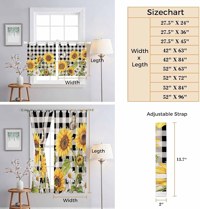 Sunflowers Bathroom Curtains 63 Inch Length, Window Curtains Tab Top - Image 8