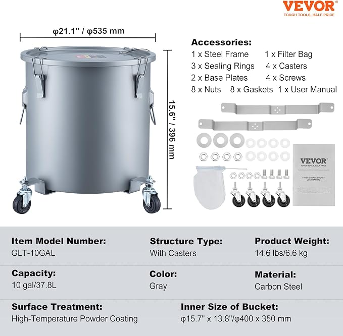 VEVOR 10 Gallon Fryer Grease Bucket, Oil Disposal Bucket Caddy on Wheels - Image 7