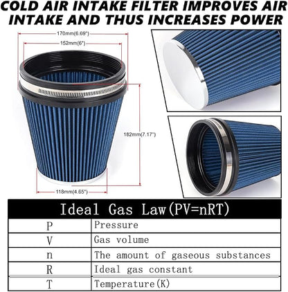 6" Inlet Cold Air Intake Filter Cone Replacement Performance Washable Clamp-On - Image 5